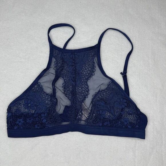 Victoria’s Secret XS High Neck Lace Bralette Sheer Mesh Bra Navy Blue Strappy - Picture 1 of 4